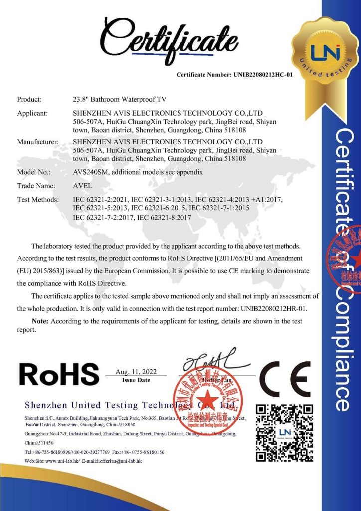 AVEL RoHS certificate of compliance, 2022