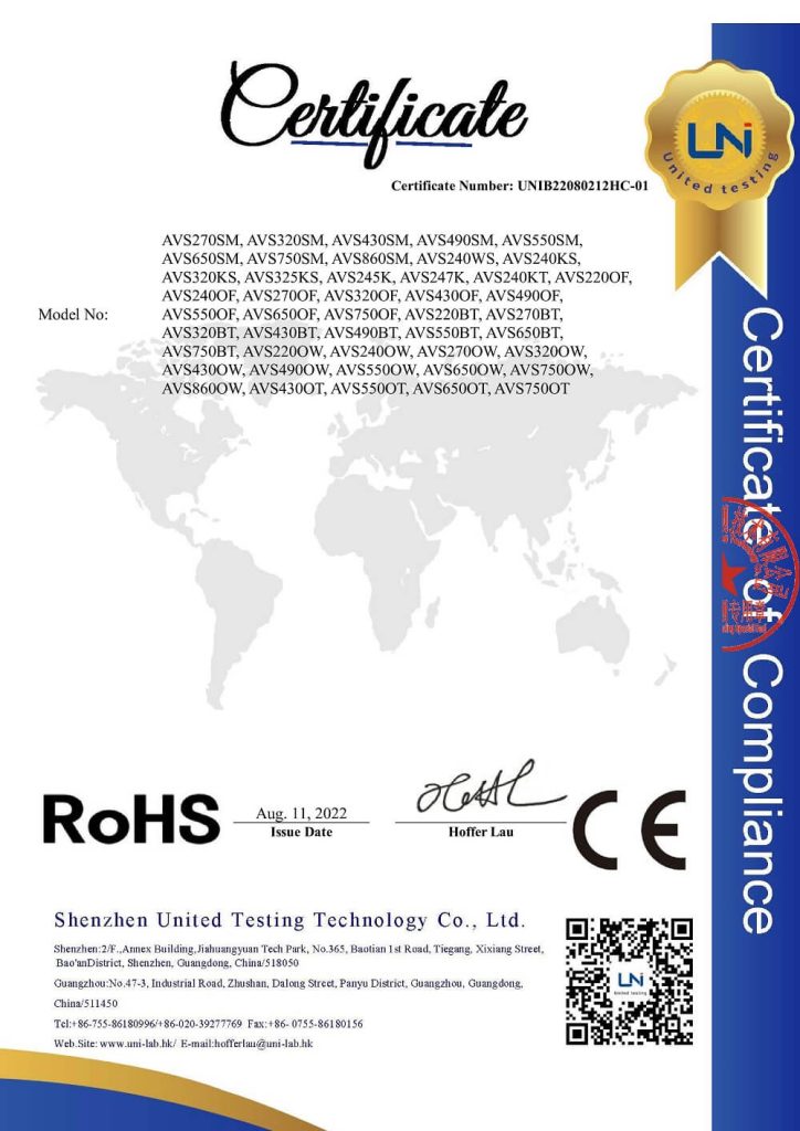 AVEL RoHS certificate of compliance, 2022, list of models