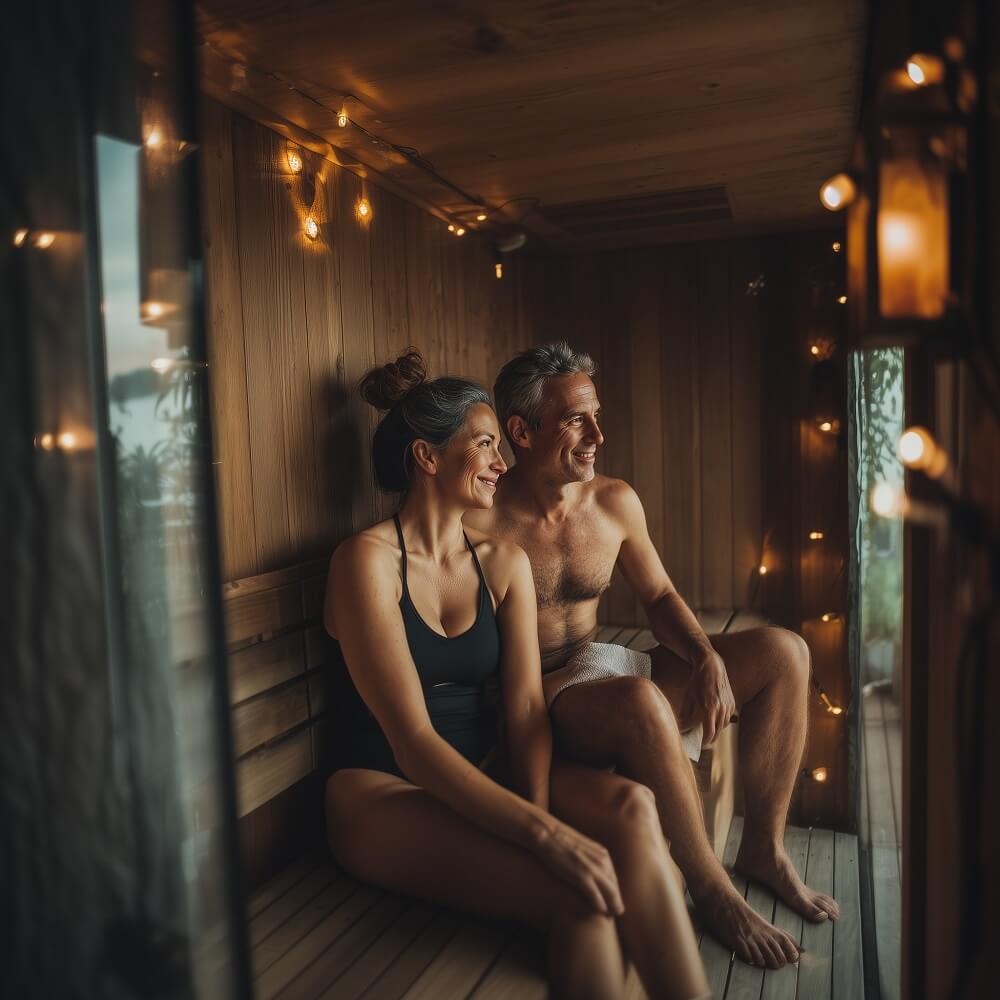 Couple relaxing in a sauna