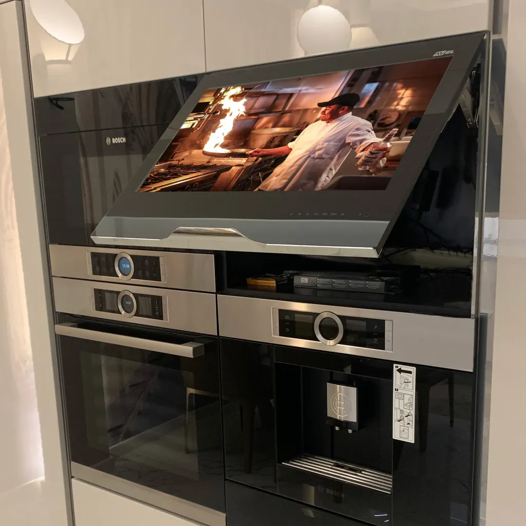 Parallel AV Kitchen Cabinet Televisions integrate directly into your modern kitchen cabinets