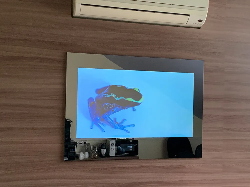 AVEL mirror TV on a wood-paneled wall