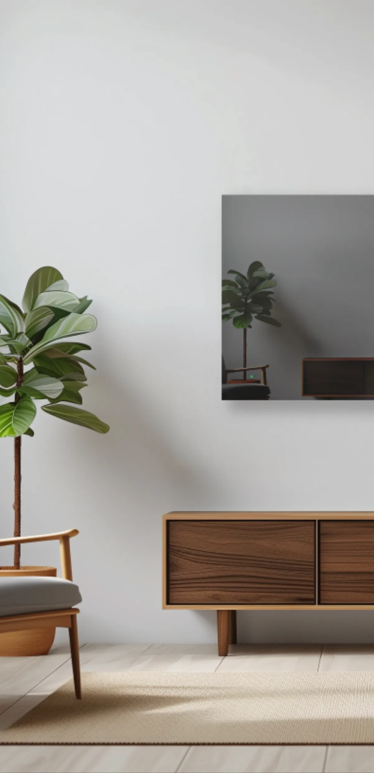 Minimalist living room with an AVEL mirror TV on the wall