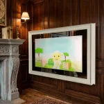 AVEL mirror TV in a white frame in a classic wood-paneled room