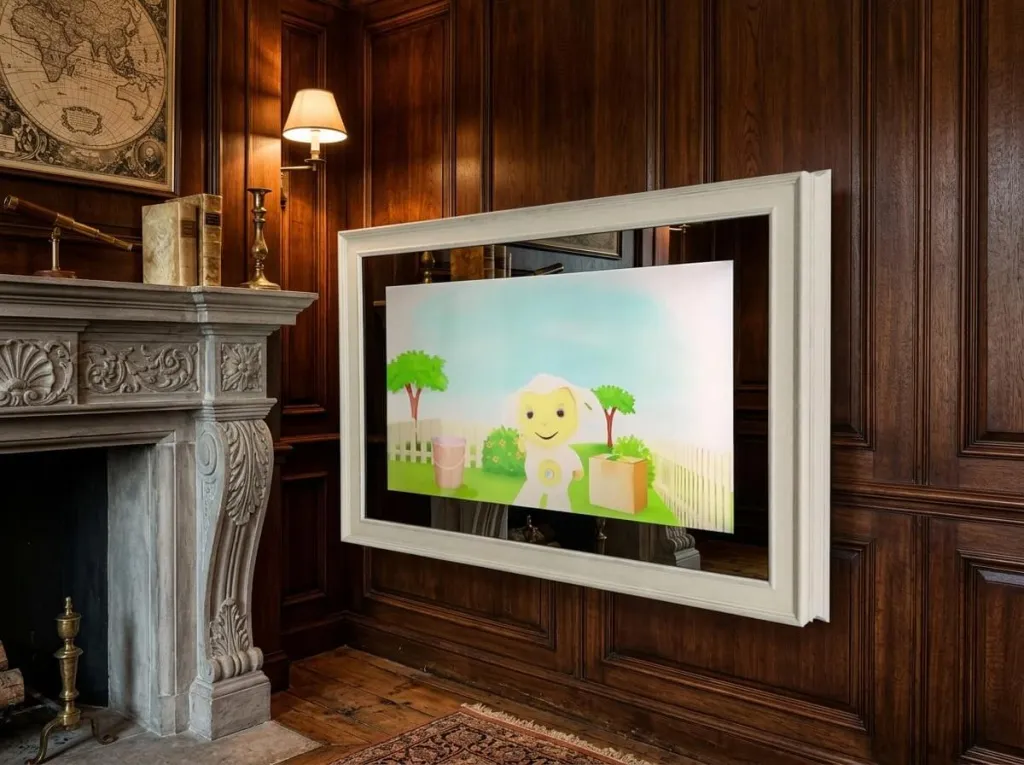 AVEL mirror TV in a white frame in a classic wood-paneled room