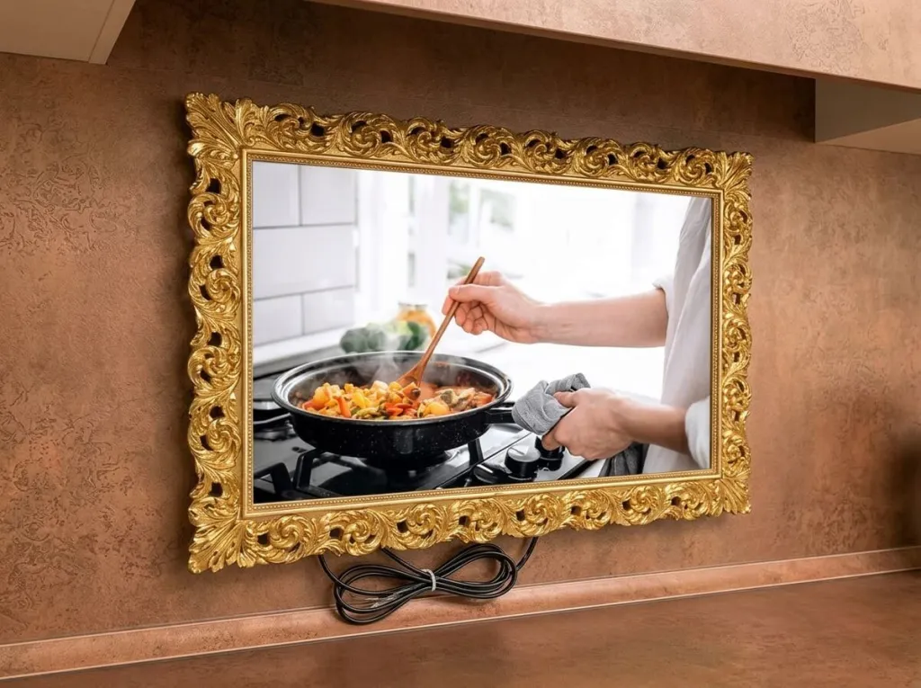 AVEL TV in an ornate gold frame on a kitchen wall