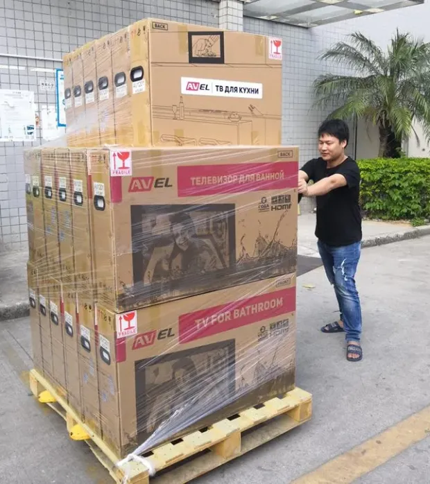 Pallet of packed AVEL TVs ready for shipment