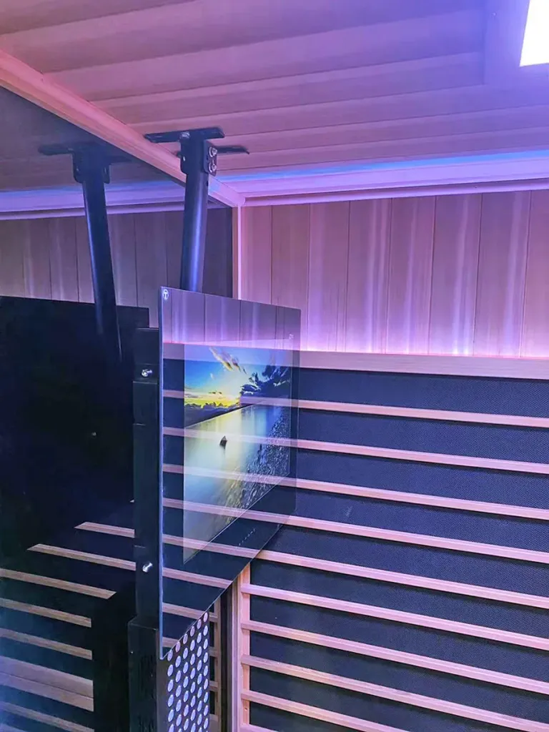 AVEL AVS240SM TV on a ceiling mount in a sauna