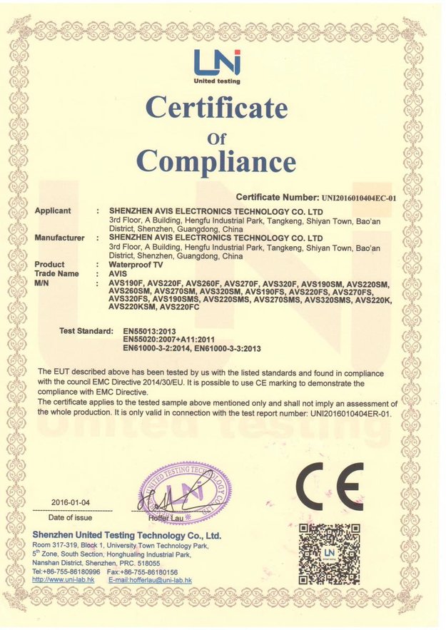 AVIS CE certificate of compliance