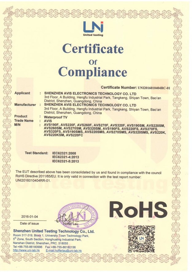 AVIS RoHS certificate of compliance