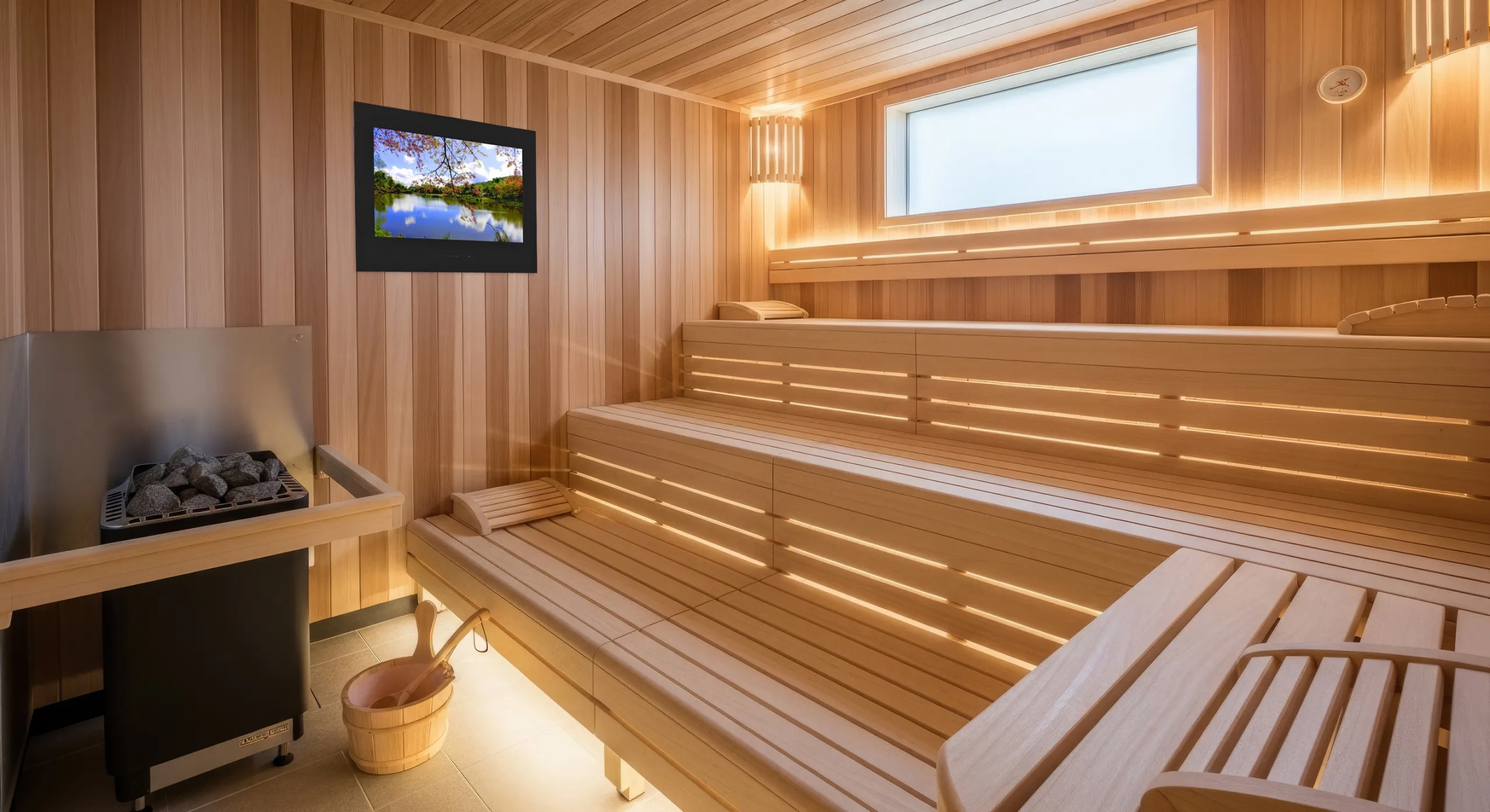 AVEL TV in a large sauna